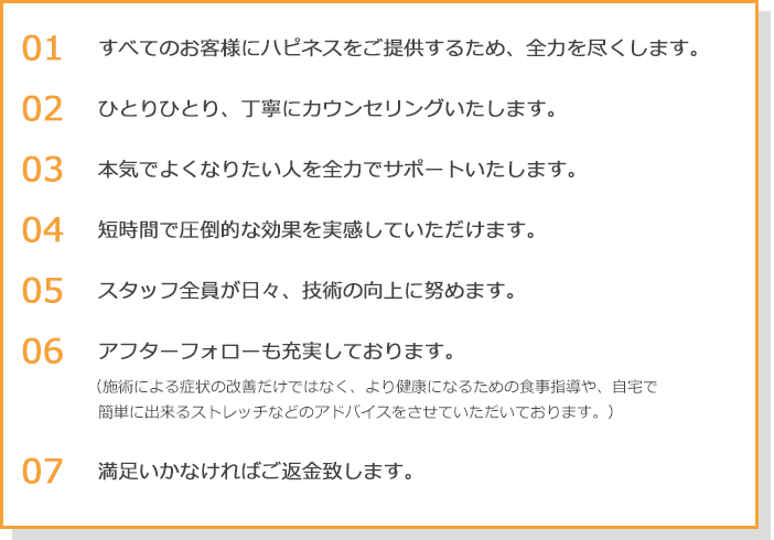 01　すべてのお客様にハピネスをご提供するため、全力を尽くします。02　ひとりひとり、丁寧にカウンセリングいたします。03　本気でよくなりたい人を全力でサポートいたします。04　短時間で圧倒的な効果を実感していただけます。05　スタッフ全員が日々、技術の向上に努めます。06　アフターフォローも充実しております。（施術による症状の改善だけではなく、より健康になるための食事指導や、自宅で簡単に出来るストレッチなどのアドバイスをさせていただいております。）07　満足いかなければご返金致します。